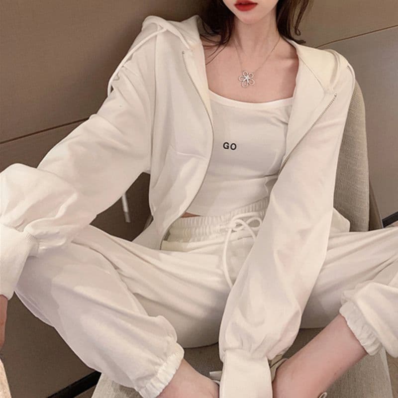 항구 바람 캐주얼 스포츠 슈트 여성 인터넷 유명인 튀김 거리 반바지 지퍼 후드 티 스웨터 재킷 슬립 봄 가을 3종 세트 이미지 5