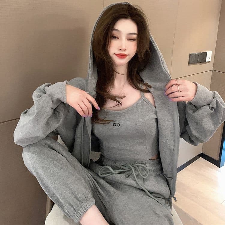 항구 바람 캐주얼 스포츠 슈트 여성 인터넷 유명인 튀김 거리 반바지 지퍼 후드 티 스웨터 재킷 슬립 봄 가을 3종 세트 상세 이미지 2