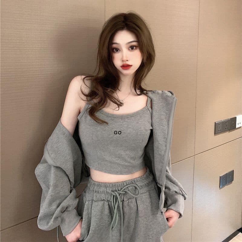 항구 바람 캐주얼 스포츠 슈트 여성 인터넷 유명인 튀김 거리 반바지 지퍼 후드 티 스웨터 재킷 슬립 봄 가을 3종 세트 상세 이미지 7
