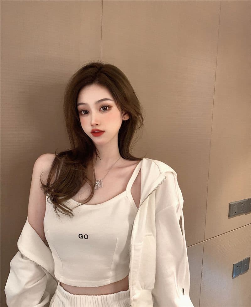 항구 바람 캐주얼 스포츠 슈트 여성 인터넷 유명인 튀김 거리 반바지 지퍼 후드 티 스웨터 재킷 슬립 봄 가을 3종 세트 상세 이미지 12