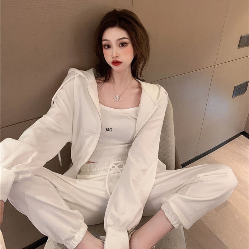 항구 바람 캐주얼 스포츠 슈트 여성 인터넷 유명인 튀김 거리 반바지 지퍼 후드 티 스웨터 재킷 슬립 봄 가을 3종 세트 상세 이미지 13