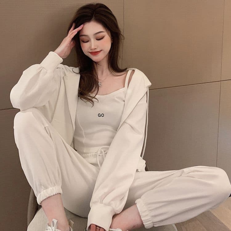 항구 바람 캐주얼 스포츠 슈트 여성 인터넷 유명인 튀김 거리 반바지 지퍼 후드 티 스웨터 재킷 슬립 봄 가을 3종 세트 상세 이미지 14