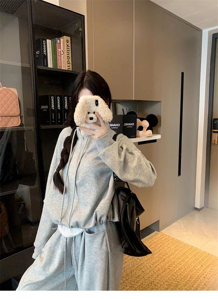 느긋한 바람 캐주얼 세트 여성 가을 새로운 하이웨이스트 슬림해 보이는 와이드 레그 팬츠 디자인 센스 느슨함 센스 후드티 투피스 세트 상세 이미지 11