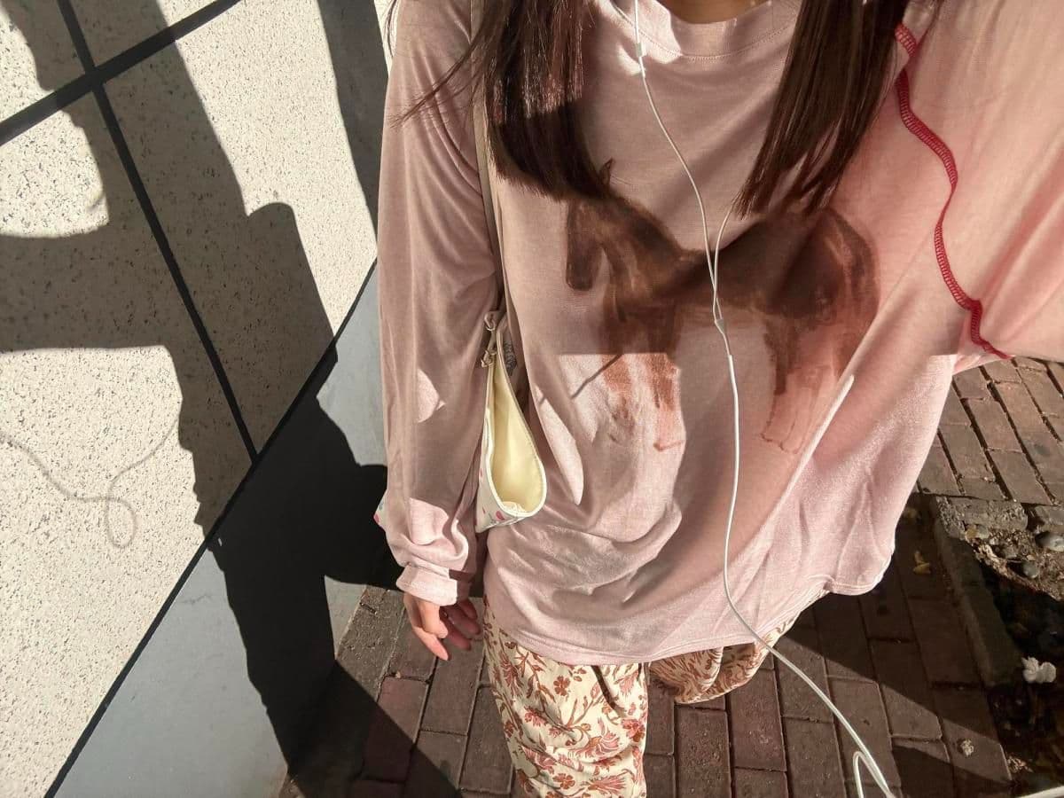 한 부서 핑크색 명시적 스티치 장식 프린트 라운드 넥 긴팔 티셔츠 여성 가을 겨울철 수채화 프린트 루즈핏 다용도 맨위 상세 이미지 5