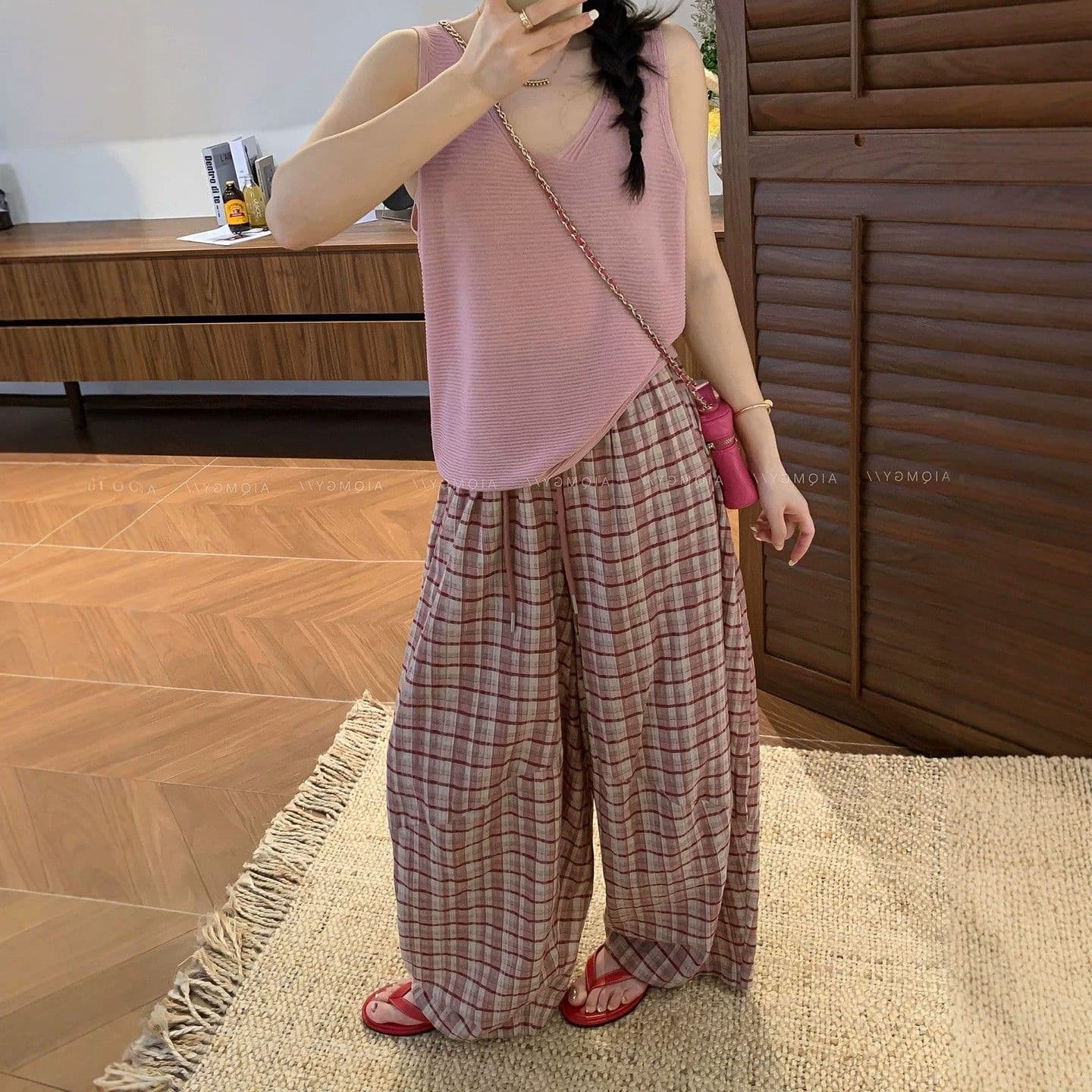 길다 에디션 핑크색 체크무늬 순면 캐주얼 바지 여성 2026 여름 새로운 하이웨이스트 루즈핏 넓은 다리 길이 바지
