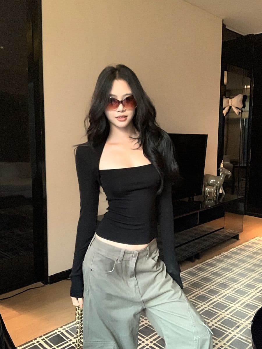 원본 것 이전 너비 이중층 핫걸 검정색 몸매 가꾸기 슬림해 보이는 긴팔 티셔츠 가을 인사이드 잡아라. 의류 여성 상세 이미지 3