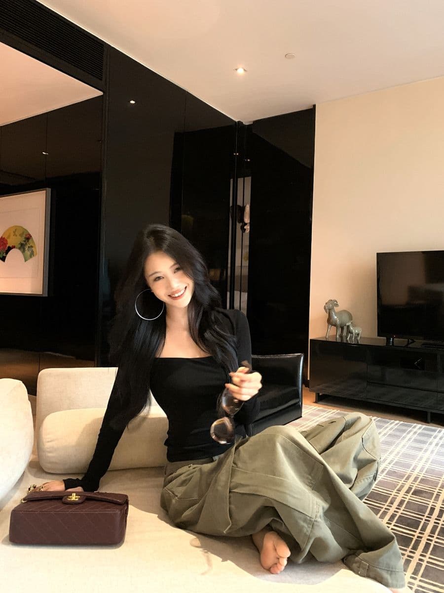 원본 것 이전 너비 이중층 핫걸 검정색 몸매 가꾸기 슬림해 보이는 긴팔 티셔츠 가을 인사이드 잡아라. 의류 여성 상세 이미지 8