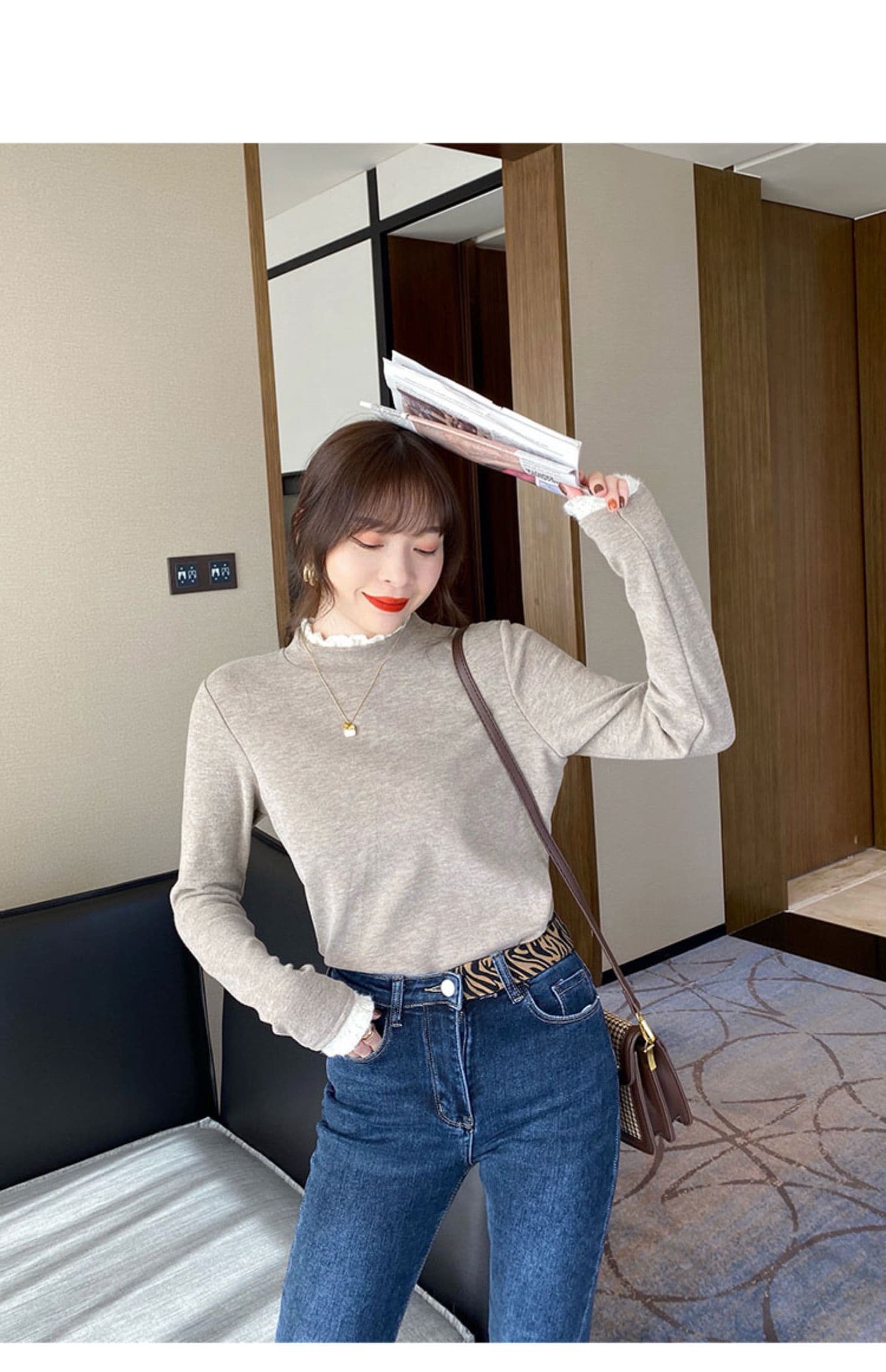양모 플리스 기본 셔츠 반하이넥 가을 겨울 새로운 긴팔 티셔츠 레이스 인사이드 가져 가라. 새로운 디자인 센스 티셔츠 트렌디 상세 이미지 4