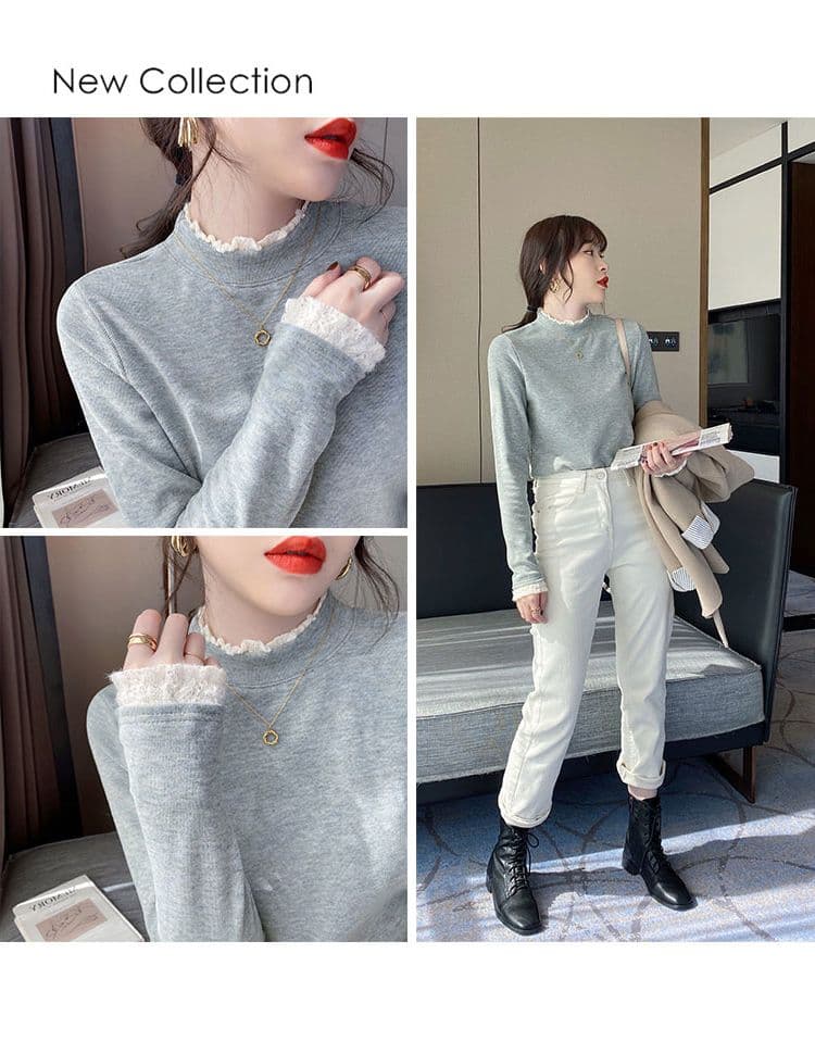 양모 플리스 기본 셔츠 반하이넥 가을 겨울 새로운 긴팔 티셔츠 레이스 인사이드 가져 가라. 새로운 디자인 센스 티셔츠 트렌디 상세 이미지 15
