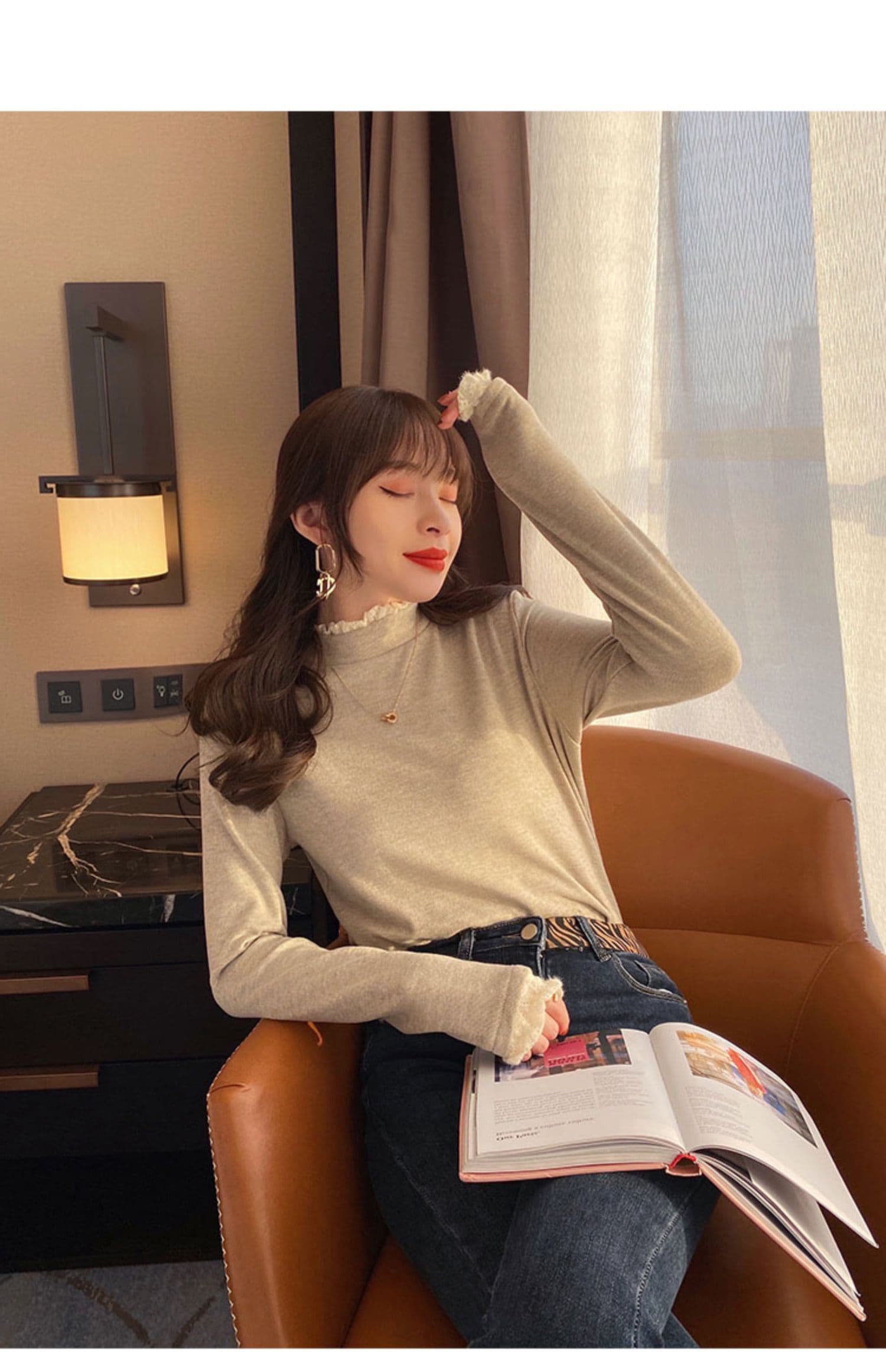 양모 플리스 기본 셔츠 반하이넥 가을 겨울 새로운 긴팔 티셔츠 레이스 인사이드 가져 가라. 새로운 디자인 센스 티셔츠 트렌디 상세 이미지 20