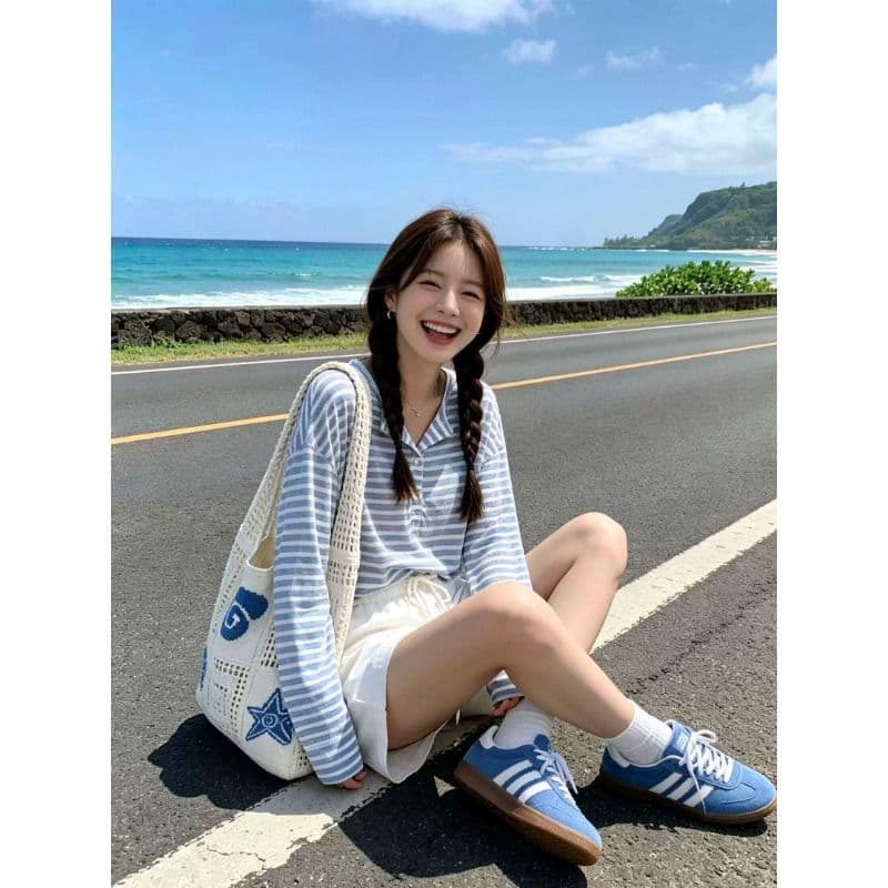 원본 품질 느긋한 스트라이프 긴팔 티셔츠 여성 여름 가을 품격 다용도 루즈핏 작은 대중 자외선 차단 맨위 이미지 2