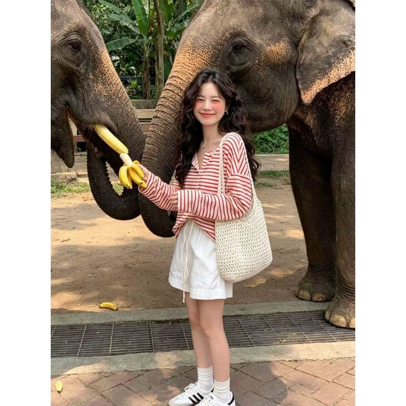 원본 품질 느긋한 스트라이프 긴팔 티셔츠 여성 여름 가을 품격 다용도 루즈핏 작은 대중 자외선 차단 맨위 이미지 4