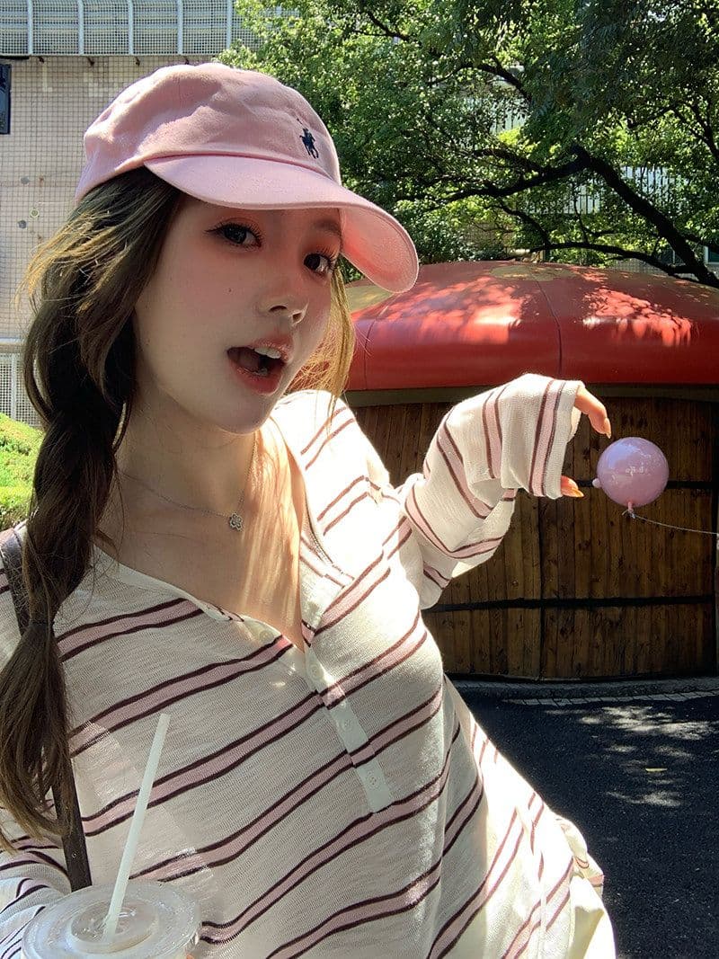 원본 품질 느긋한 스트라이프 긴팔 티셔츠 여성 여름 가을 품격 다용도 루즈핏 작은 대중 자외선 차단 맨위 상세 이미지 11