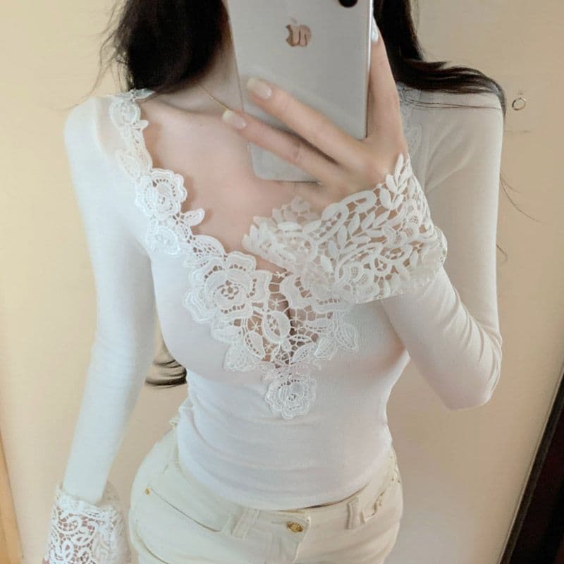모방 면 디자인 센스 패치워크 V넥 긴팔 티셔츠 여성 가을 몸매 가꾸기 인사이드 가져 가라. 순수한 욕망 바람 만나는 맨위