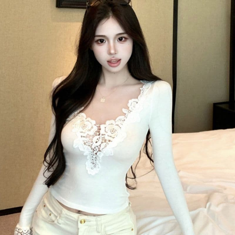 모방 면 디자인 센스 패치워크 V넥 긴팔 티셔츠 여성 가을 몸매 가꾸기 인사이드 가져 가라. 순수한 욕망 바람 만나는 맨위 이미지 4
