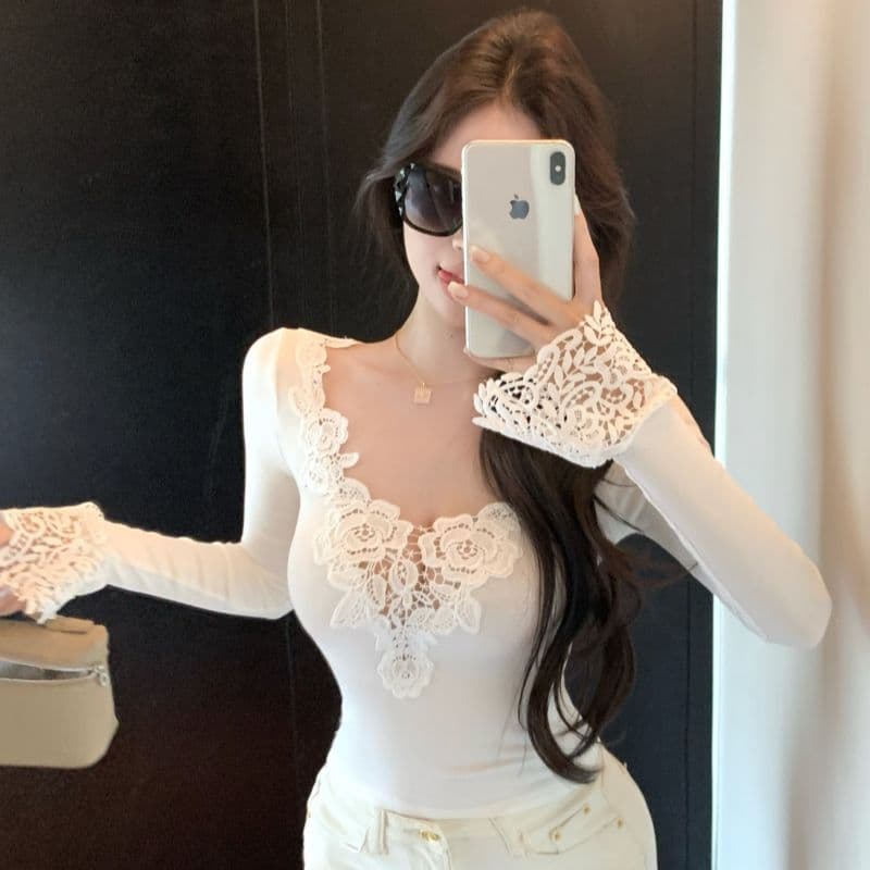 모방 면 디자인 센스 패치워크 V넥 긴팔 티셔츠 여성 가을 몸매 가꾸기 인사이드 가져 가라. 순수한 욕망 바람 만나는 맨위 상세 이미지 5