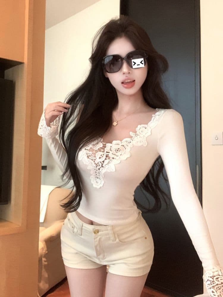 모방 면 디자인 센스 패치워크 V넥 긴팔 티셔츠 여성 가을 몸매 가꾸기 인사이드 가져 가라. 순수한 욕망 바람 만나는 맨위 상세 이미지 8