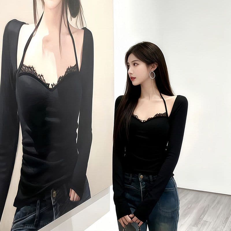 모방 면 벨트 가슴 패드 레이스 티셔츠 여성 봄 가을 긴팔 행침 목 핫걸 기본 셔츠 맨위 여성