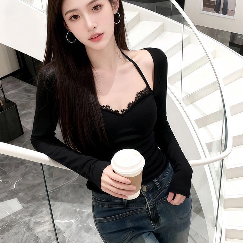모방 면 벨트 가슴 패드 레이스 티셔츠 여성 봄 가을 긴팔 행침 목 핫걸 기본 셔츠 맨위 여성 이미지 5