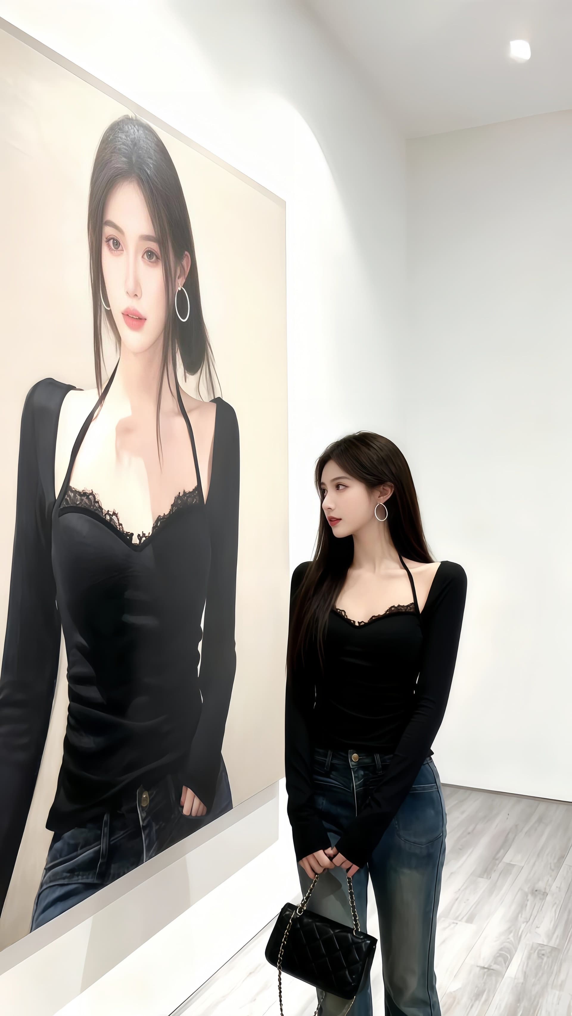 모방 면 벨트 가슴 패드 레이스 티셔츠 여성 봄 가을 긴팔 행침 목 핫걸 기본 셔츠 맨위 여성 상세 이미지 5