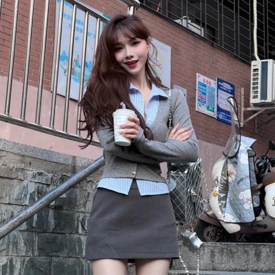모방 면 한국 스타일 페이크 레이어드 품격 셔츠 스트라이프 패치워크 오픈 가디건 긴팔 작은 대중 맨위 여성 이미지 3