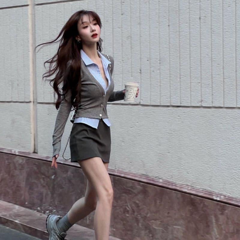 모방 면 한국 스타일 페이크 레이어드 품격 셔츠 스트라이프 패치워크 오픈 가디건 긴팔 작은 대중 맨위 여성 이미지 2