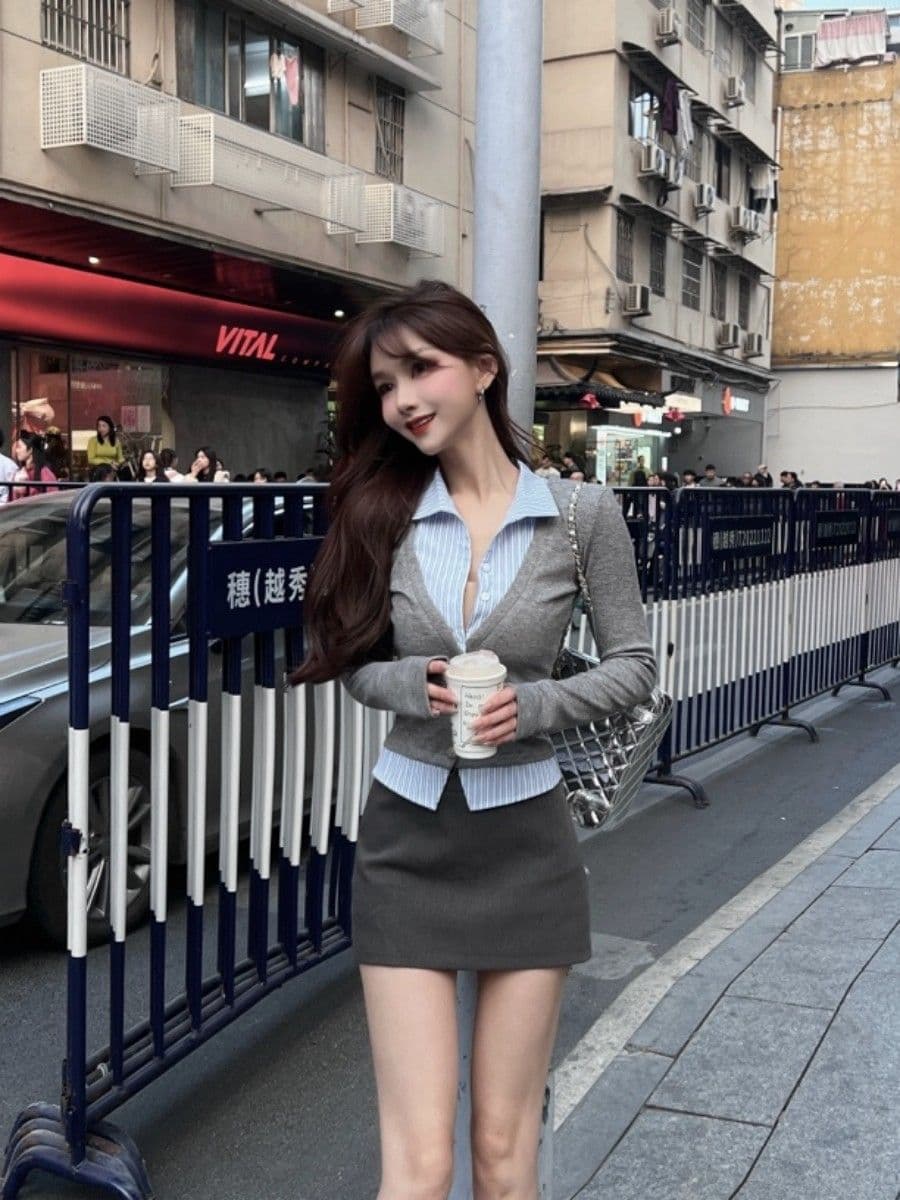 모방 면 한국 스타일 페이크 레이어드 품격 셔츠 스트라이프 패치워크 오픈 가디건 긴팔 작은 대중 맨위 여성 상세 이미지 3