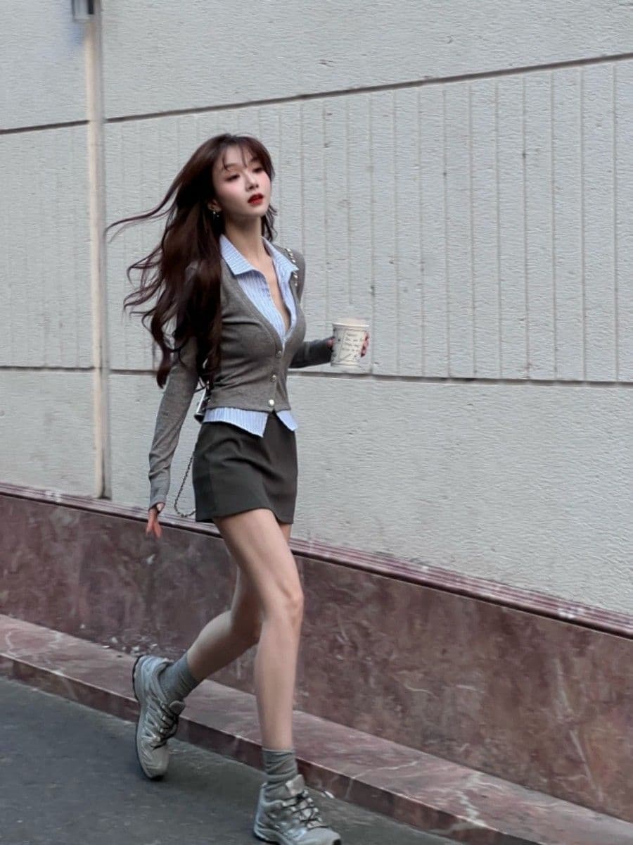 모방 면 한국 스타일 페이크 레이어드 품격 셔츠 스트라이프 패치워크 오픈 가디건 긴팔 작은 대중 맨위 여성 상세 이미지 4