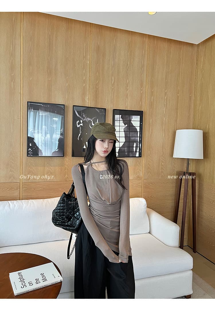 원본 품질 회색 긴팔 티셔츠 슬림해 보이는 불규칙 종이 사람들 자외선 차단 블라우스 꼬집기 허리 위로 의류 상세 이미지 47