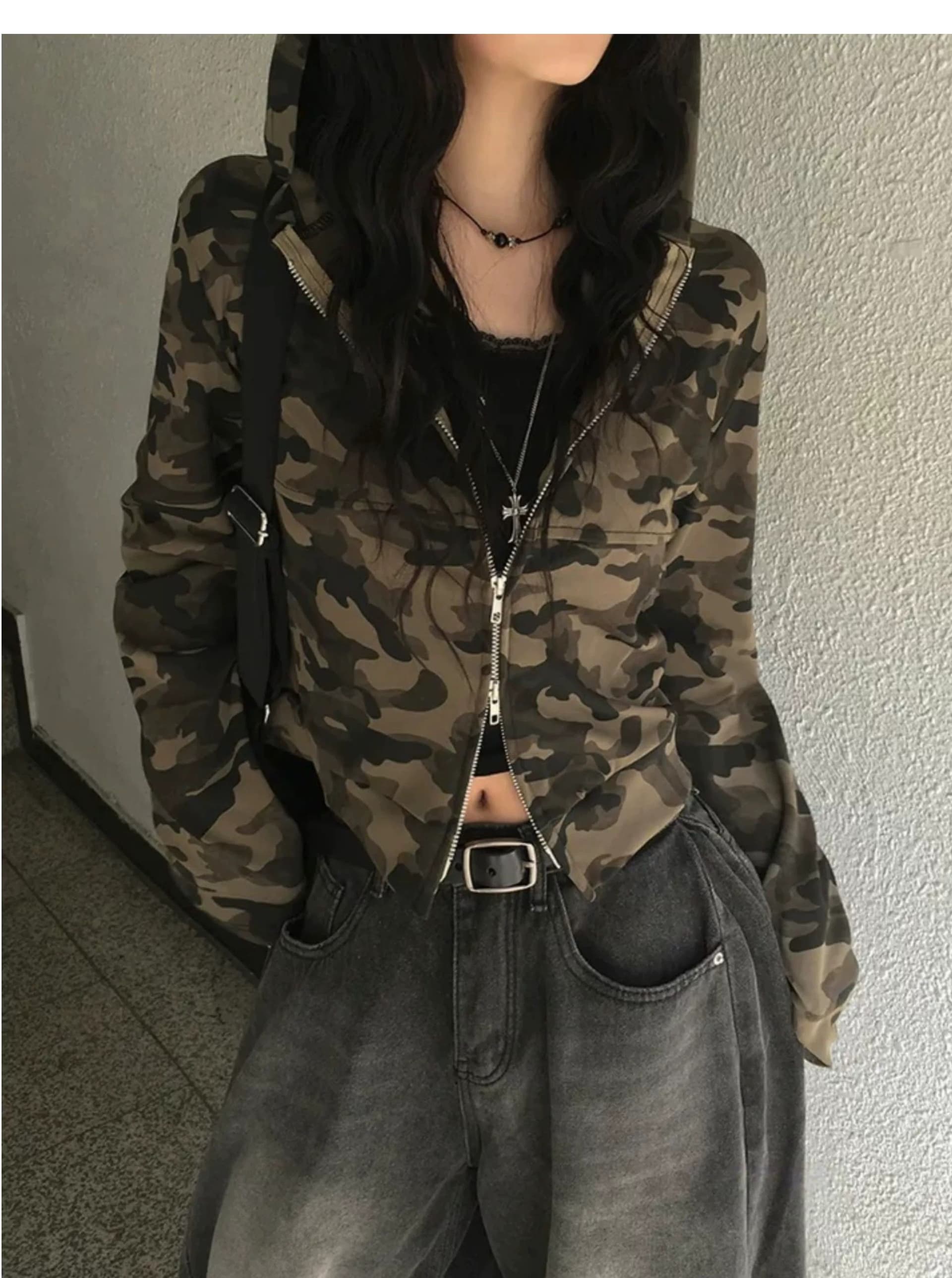 한 부서 레트로 달콤한 차가운 핫걸 카모플라주 더블 지퍼 후드 몸매 가꾸기 긴팔 오픈 가디건 맨위 재킷 상세 이미지 6