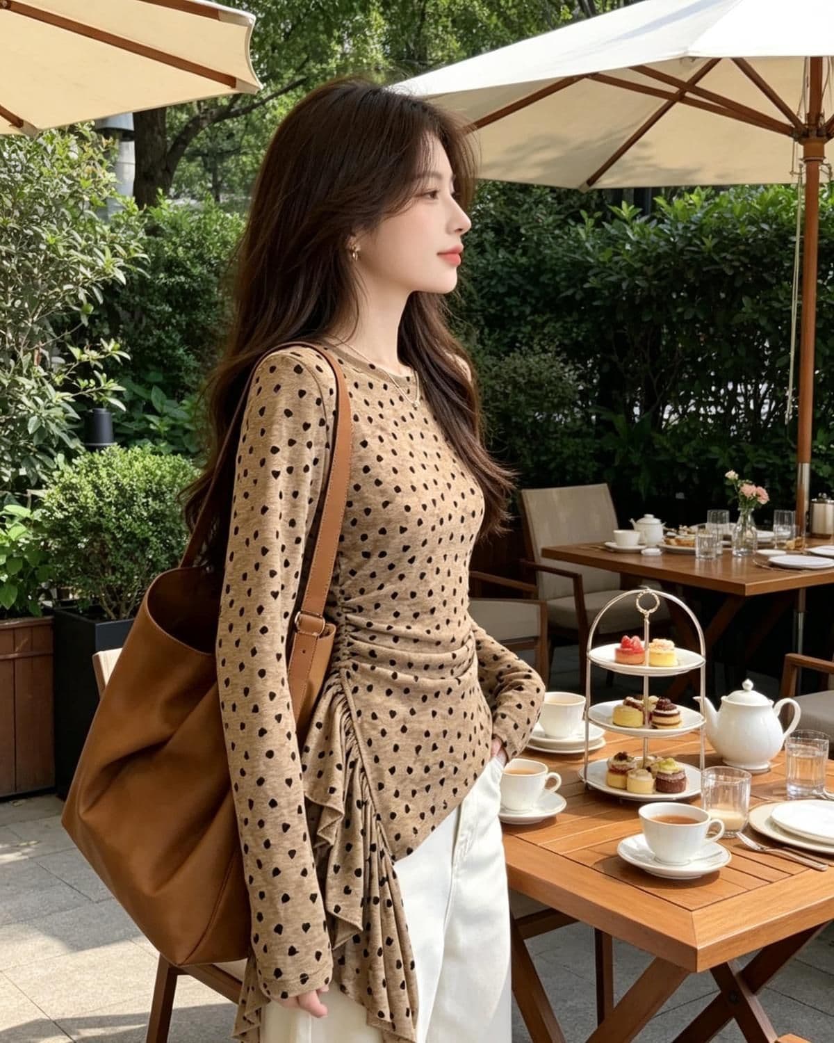 40d 메시 원단 디지털 부드러운 바람 레트로 디자인 센스 작은 대중 도트 무늬 긴팔 티셔츠 여성 헤일로 염색 Chic 기본 셔츠 상세 이미지 7