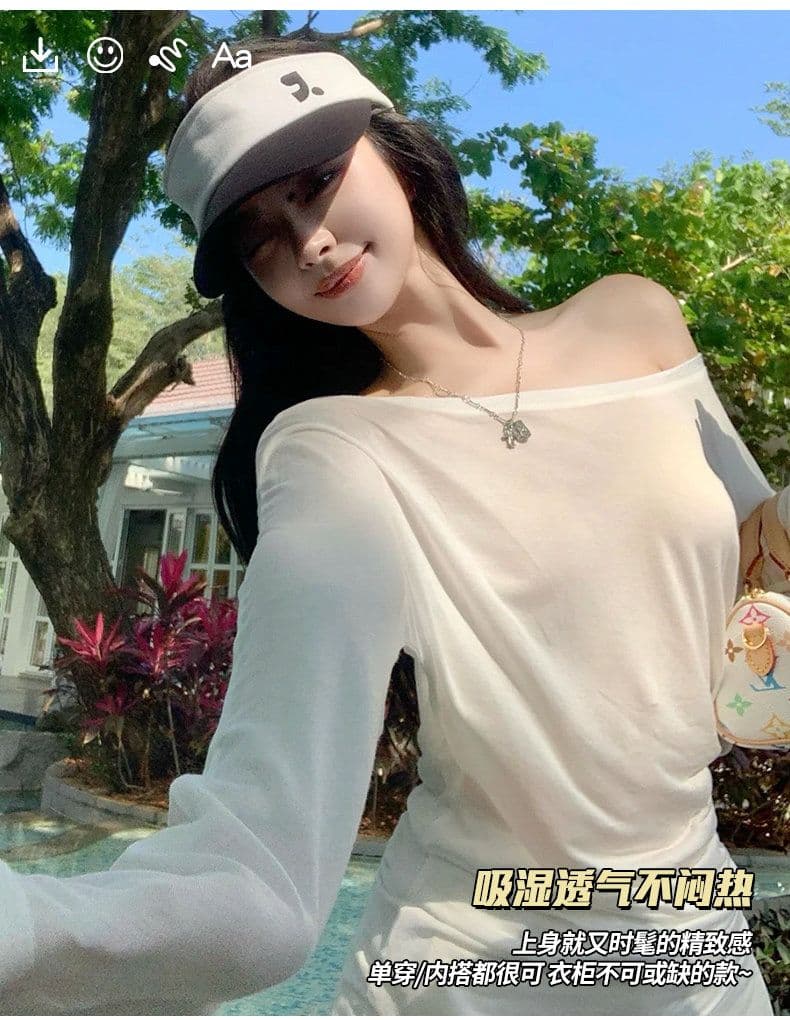 대나무 마디 리브 자외선 차단 블라우스 여성 2026 섹션 루즈핏 긴팔 티셔츠 핫걸 순수한 욕망 마이크로 ~을 통해 비스듬한 어깨 의류 상세 이미지 3