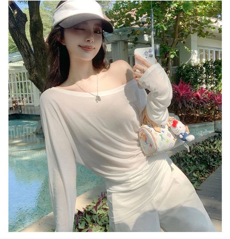 대나무 마디 리브 자외선 차단 블라우스 여성 2026 섹션 루즈핏 긴팔 티셔츠 핫걸 순수한 욕망 마이크로 ~을 통해 비스듬한 어깨 의류 상세 이미지 4