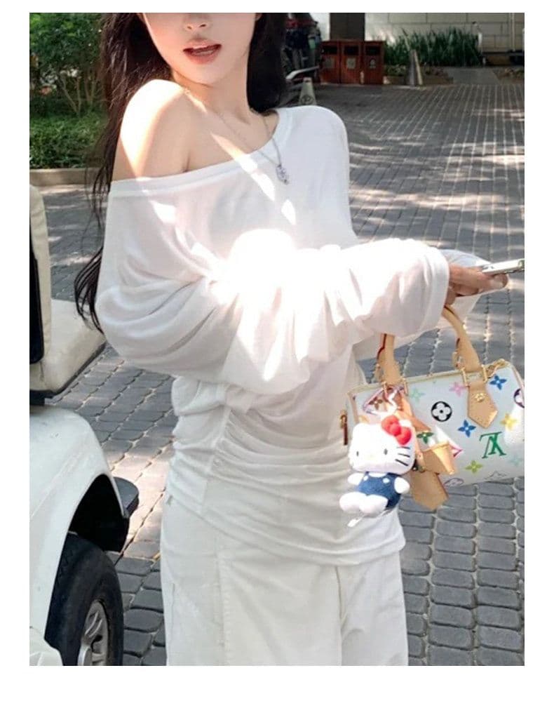 대나무 마디 리브 자외선 차단 블라우스 여성 2026 섹션 루즈핏 긴팔 티셔츠 핫걸 순수한 욕망 마이크로 ~을 통해 비스듬한 어깨 의류 상세 이미지 5