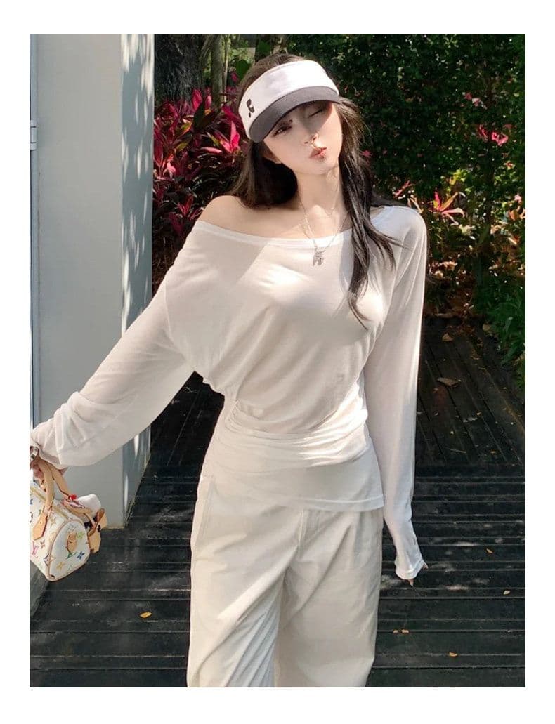 대나무 마디 리브 자외선 차단 블라우스 여성 2026 섹션 루즈핏 긴팔 티셔츠 핫걸 순수한 욕망 마이크로 ~을 통해 비스듬한 어깨 의류 상세 이미지 6