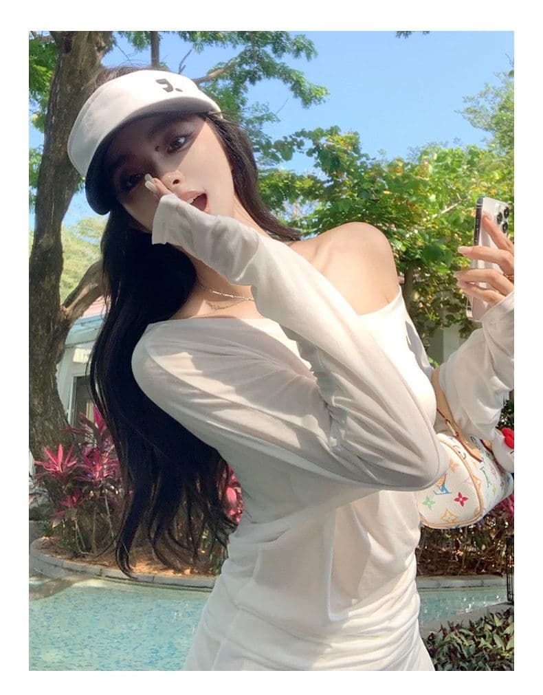 대나무 마디 리브 자외선 차단 블라우스 여성 2026 섹션 루즈핏 긴팔 티셔츠 핫걸 순수한 욕망 마이크로 ~을 통해 비스듬한 어깨 의류 상세 이미지 7