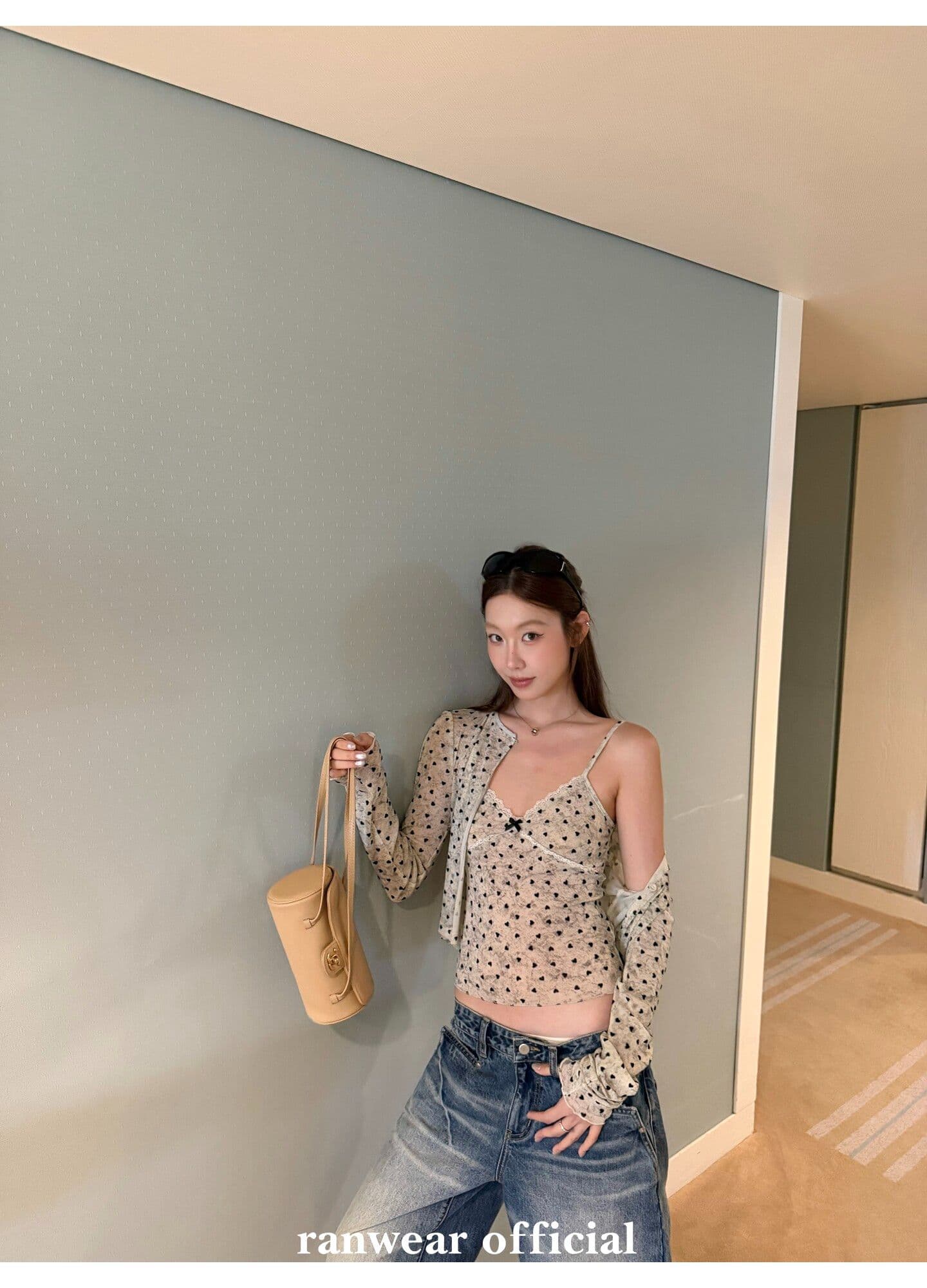 원본 원단 하트 도트 무늬 긴팔 순수한 욕망 홀치기 염색 프린트 식물 플러시 레이스 슬립 반팔 자외선 차단 오픈 가디건 상세 이미지 5
