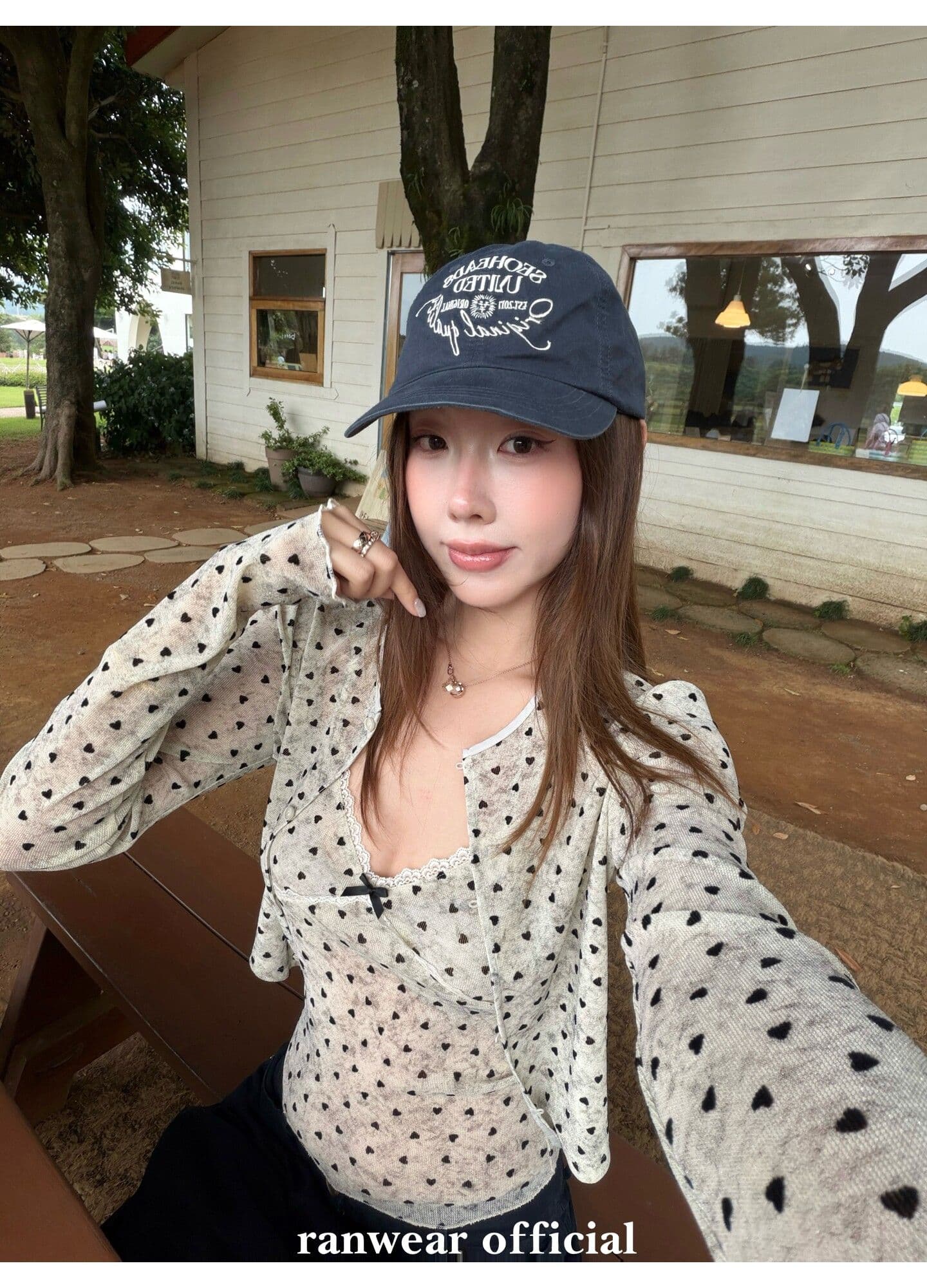 원본 원단 하트 도트 무늬 긴팔 순수한 욕망 홀치기 염색 프린트 식물 플러시 레이스 슬립 반팔 자외선 차단 오픈 가디건 상세 이미지 6