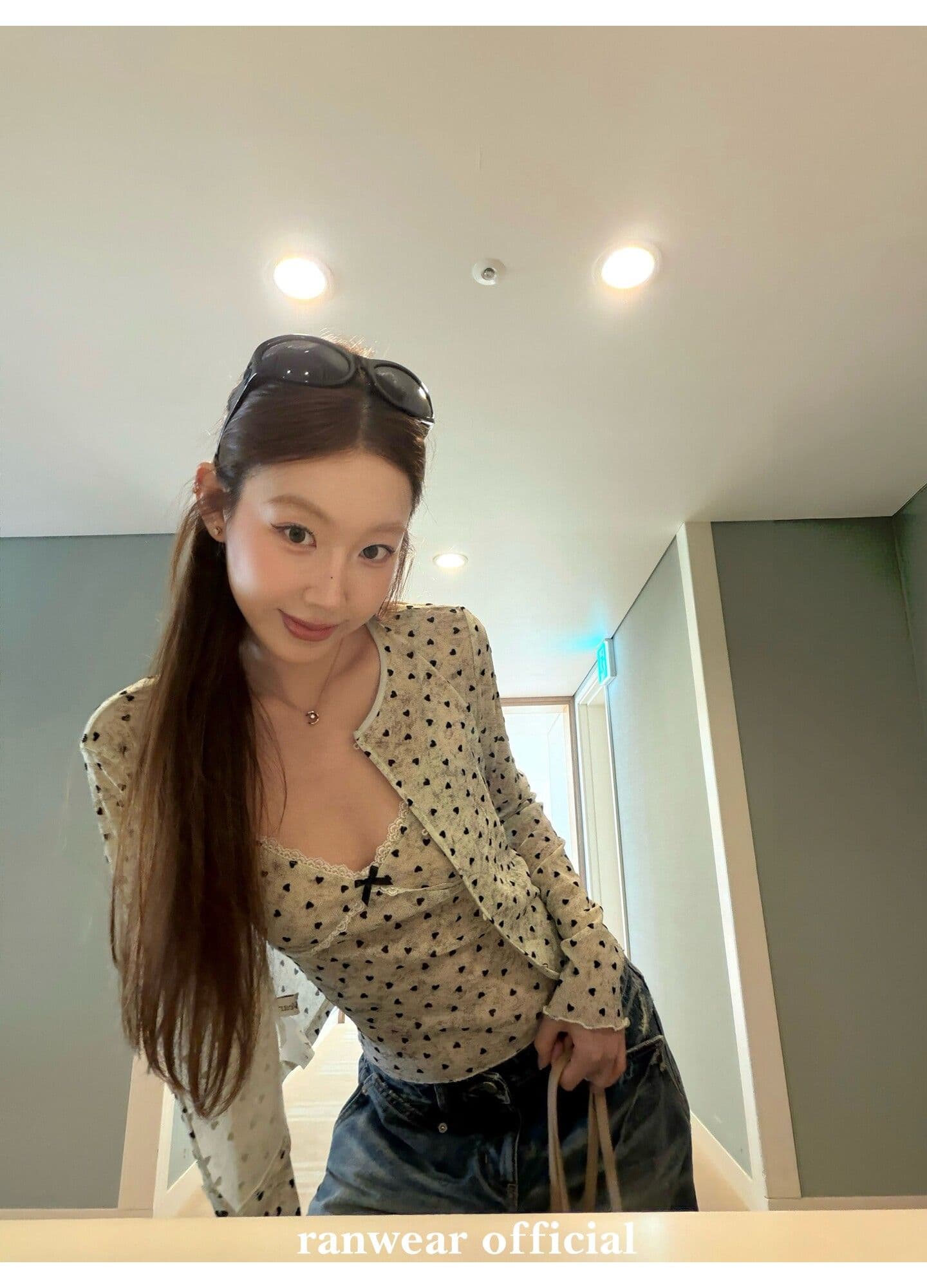 원본 원단 하트 도트 무늬 긴팔 순수한 욕망 홀치기 염색 프린트 식물 플러시 레이스 슬립 반팔 자외선 차단 오픈 가디건 상세 이미지 13