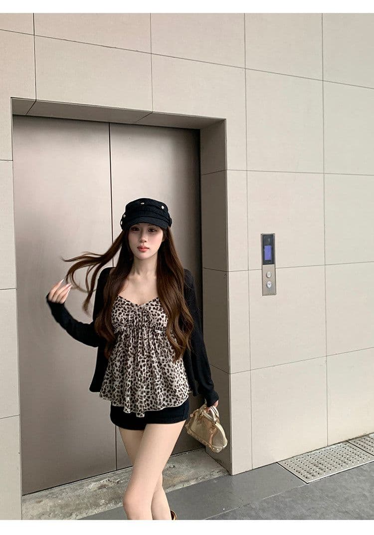사람들 면 쉬폰 레오파드 무늬 V넥 캐미솔 인사이드 가져 가라. 외출용 이른 가을 핫걸 착용 가져 가라. 민소매 맨위 상세 이미지 5