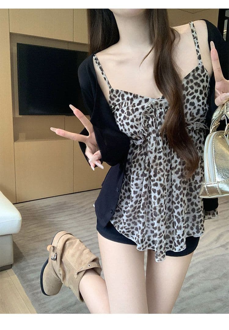 사람들 면 쉬폰 레오파드 무늬 V넥 캐미솔 인사이드 가져 가라. 외출용 이른 가을 핫걸 착용 가져 가라. 민소매 맨위 상세 이미지 9
