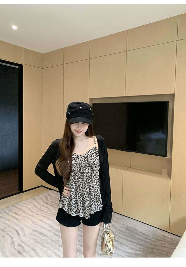 사람들 면 쉬폰 레오파드 무늬 V넥 캐미솔 인사이드 가져 가라. 외출용 이른 가을 핫걸 착용 가져 가라. 민소매 맨위 상세 이미지 12