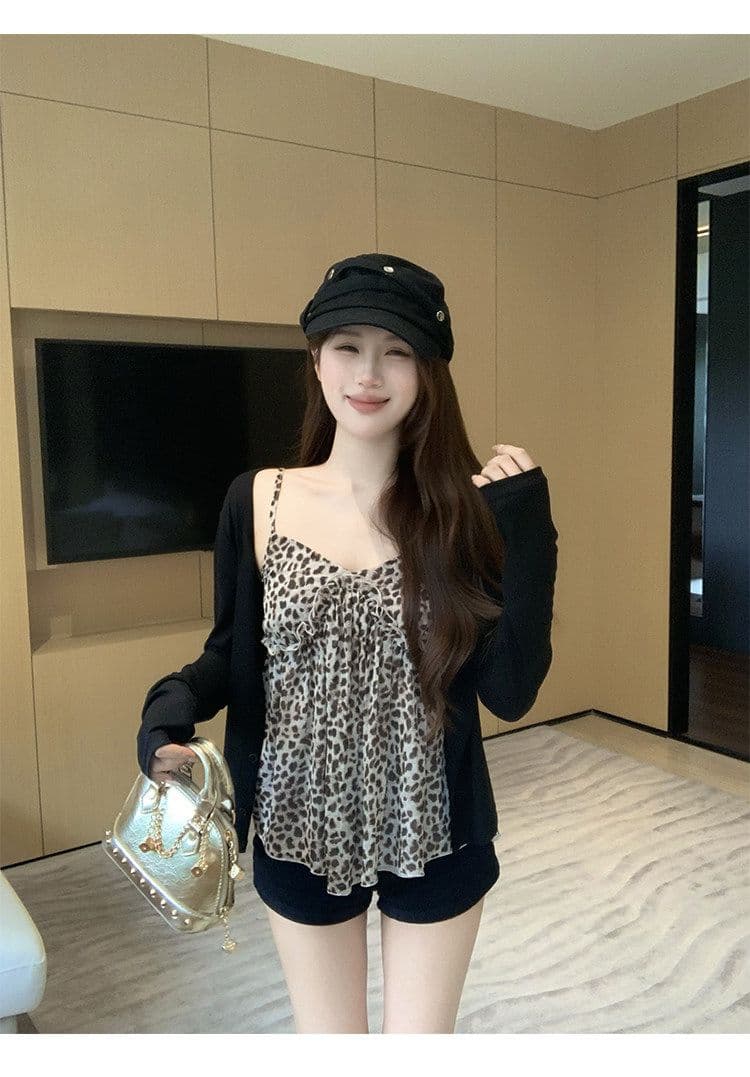 사람들 면 쉬폰 레오파드 무늬 V넥 캐미솔 인사이드 가져 가라. 외출용 이른 가을 핫걸 착용 가져 가라. 민소매 맨위 상세 이미지 13