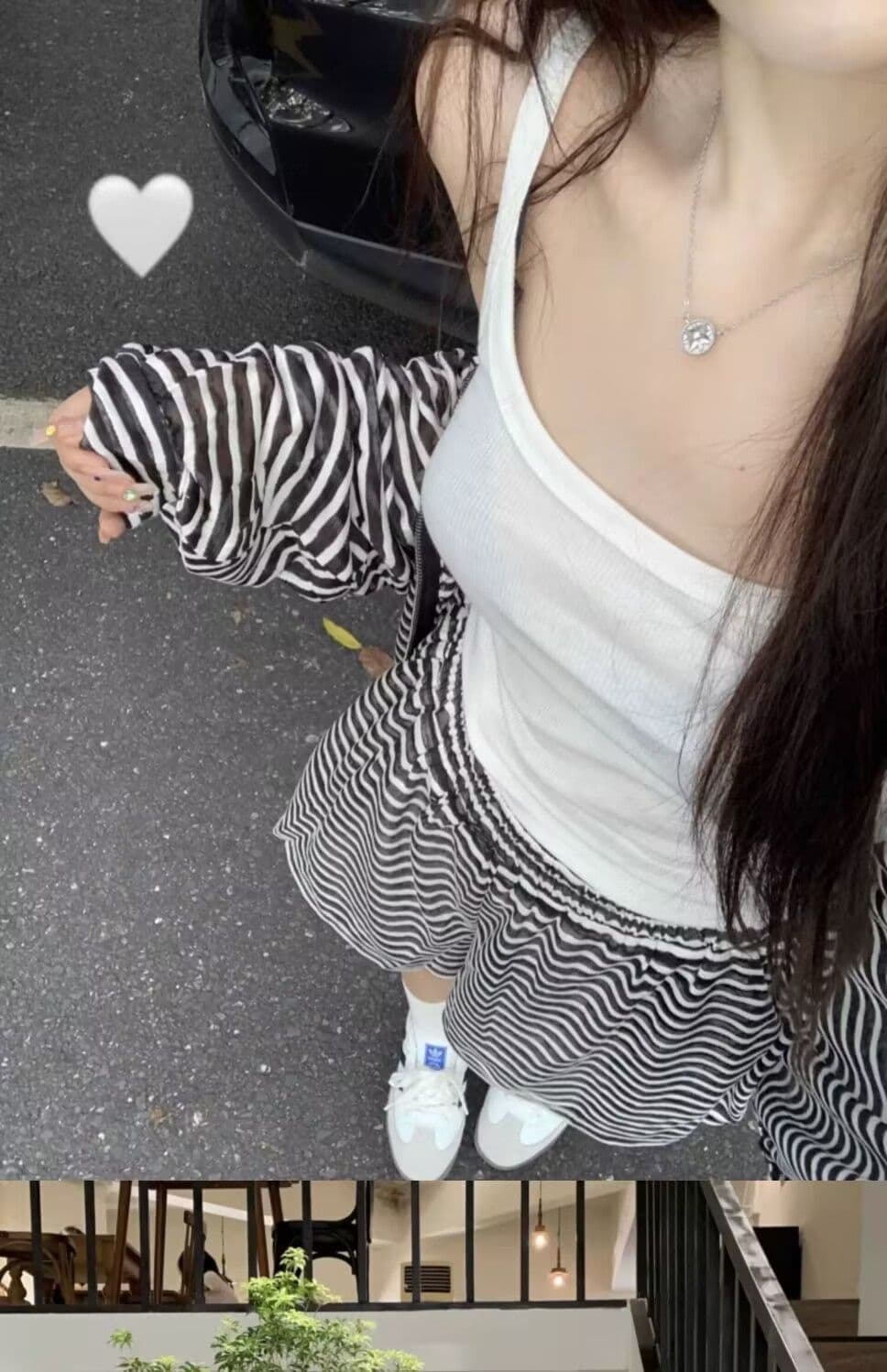 패션 캐주얼 루즈핏 스트라이프 세트 여자 학생 봄 여름 가을 캐미솔 후드 재킷 반바지 3종 세트 상세 이미지 9