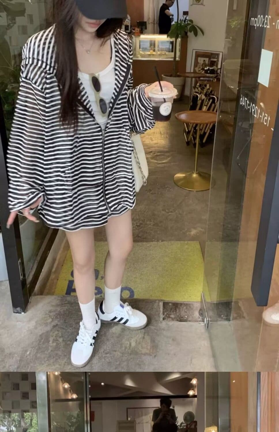 패션 캐주얼 루즈핏 스트라이프 세트 여자 학생 봄 여름 가을 캐미솔 후드 재킷 반바지 3종 세트 상세 이미지 14