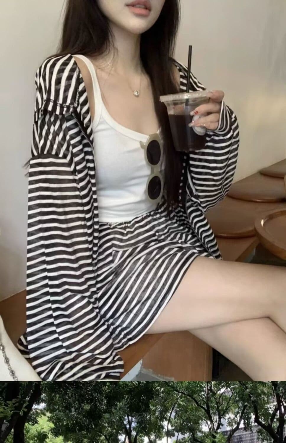 패션 캐주얼 루즈핏 스트라이프 세트 여자 학생 봄 여름 가을 캐미솔 후드 재킷 반바지 3종 세트 상세 이미지 17