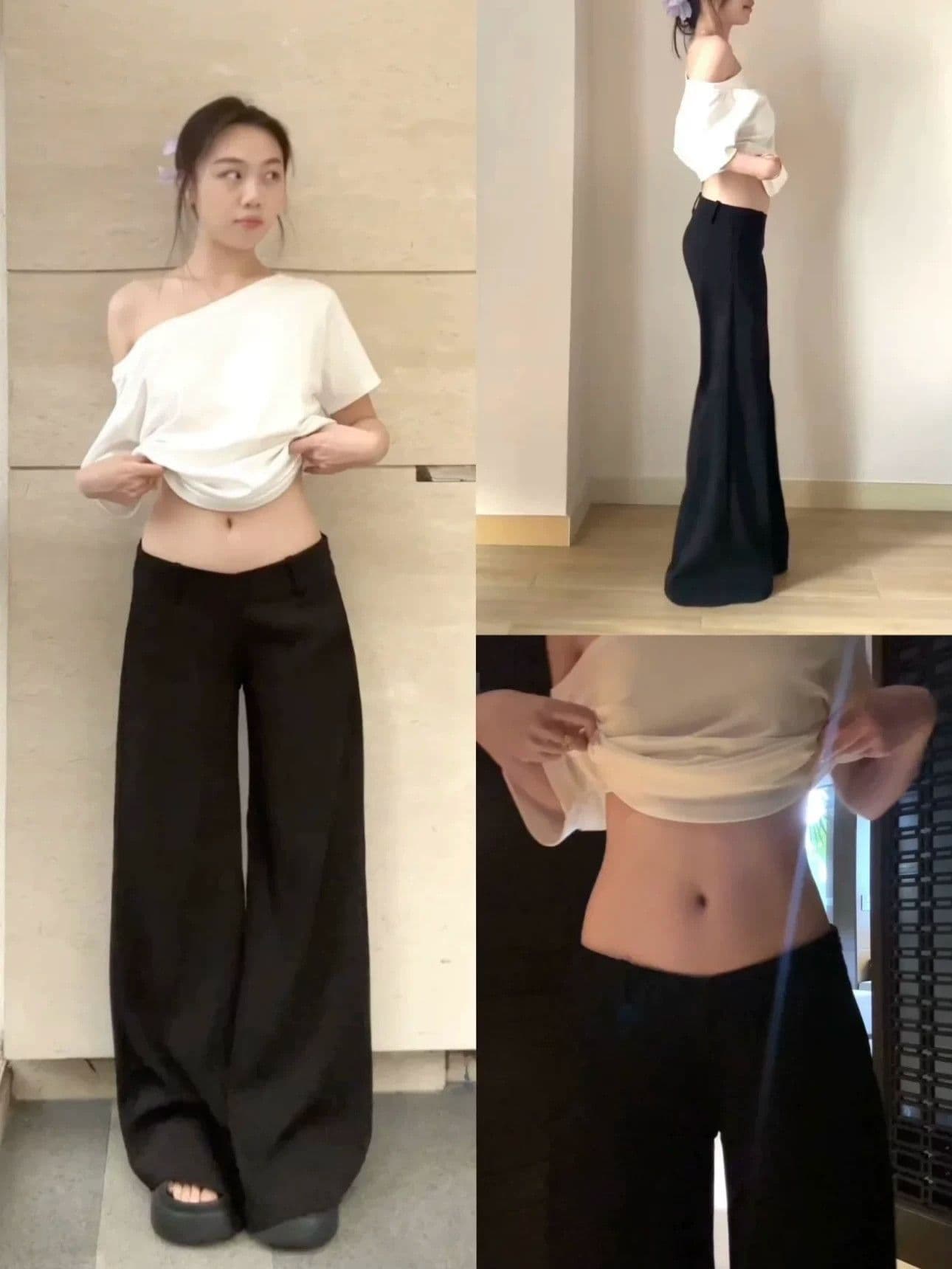 배 싱센 바지 정장 에디션 슬림해 보이는 디스플레이 다리 길이 표지 넓적 다리 일상 기초 다용도 로우 웨이스트 넓은 다리 부츠컷 바지 상세 이미지 9