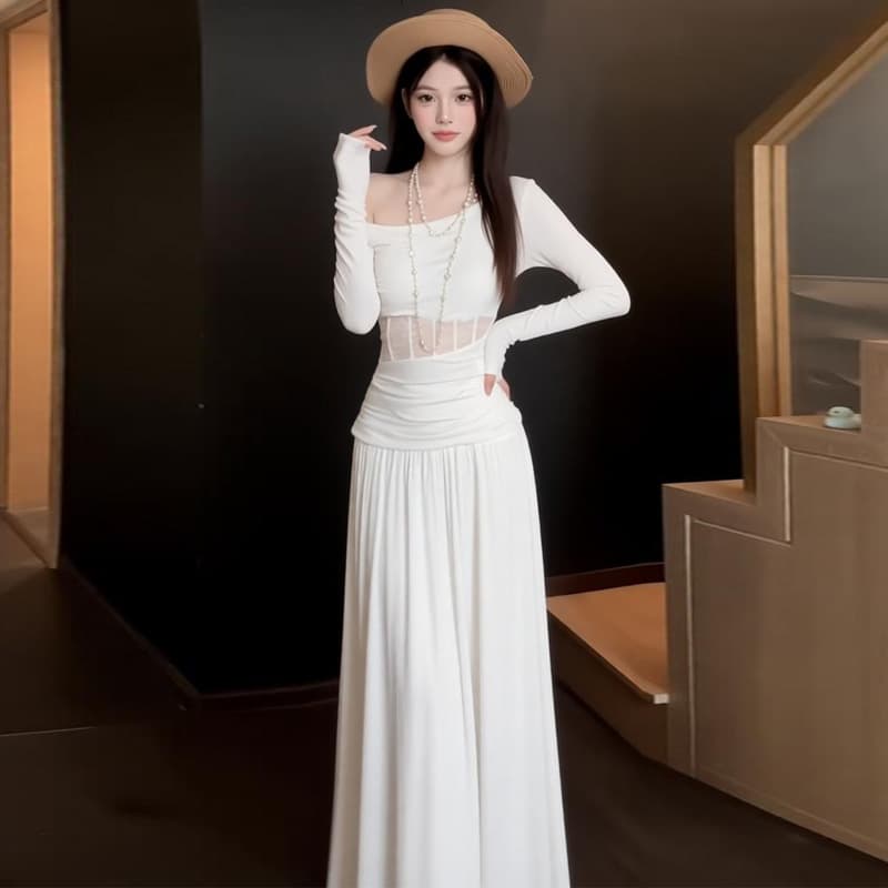 프랑스식 순수한 욕망 비스듬한 어깨 홀로우 아웃 드레스 아이들 2026 새로운 이른 봄 디자인 센스 허리 수축 슬림해 보이는 타이트 스커트 롱 스커트 이미지 6