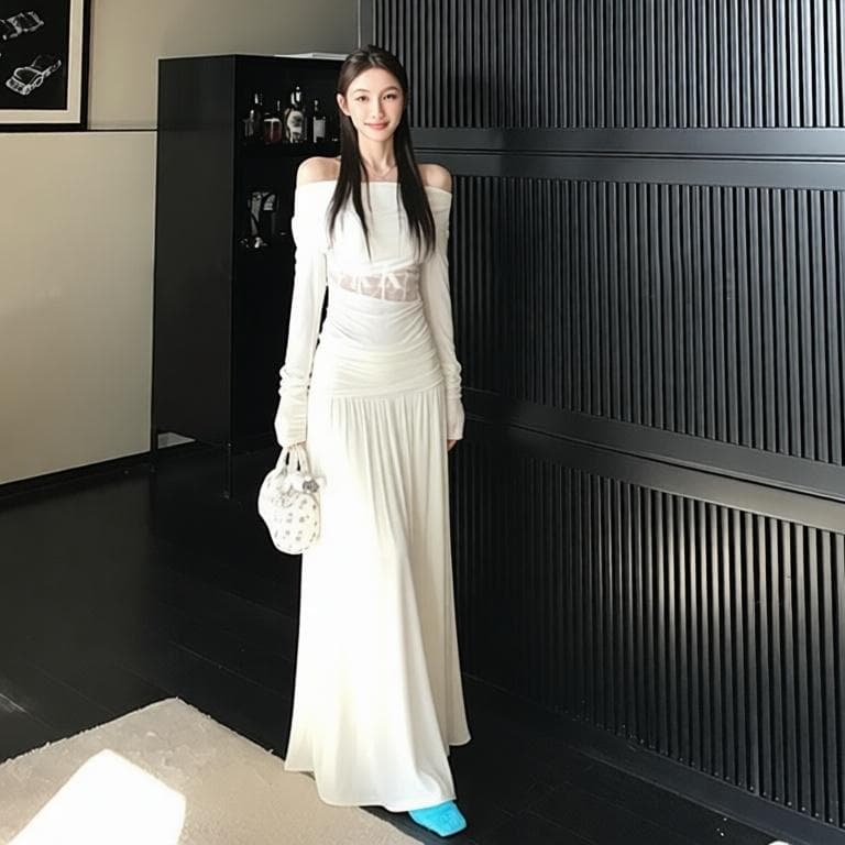 프랑스식 순수한 욕망 비스듬한 어깨 홀로우 아웃 드레스 아이들 2026 새로운 이른 봄 디자인 센스 허리 수축 슬림해 보이는 타이트 스커트 롱 스커트 이미지 2