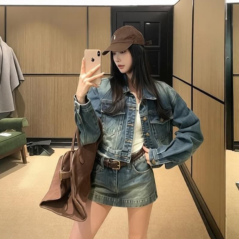 지구 Ouyang 펀 훌륭함 비율 likejenni 핫걸 苾 입력 튀김 소금 워싱 블루 쇼트 스타일 데님 재킷 상세 이미지 5